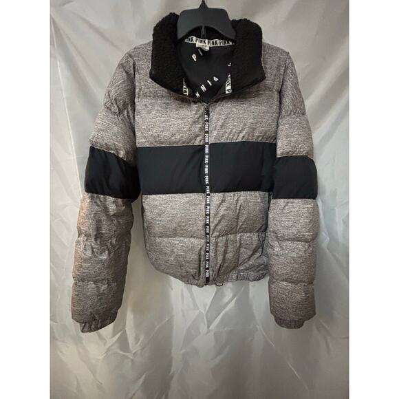 PINK Victoria’s Secret Puffer Jacket Size Large Gray Black Colorblock Rare - Picture 1 of 3